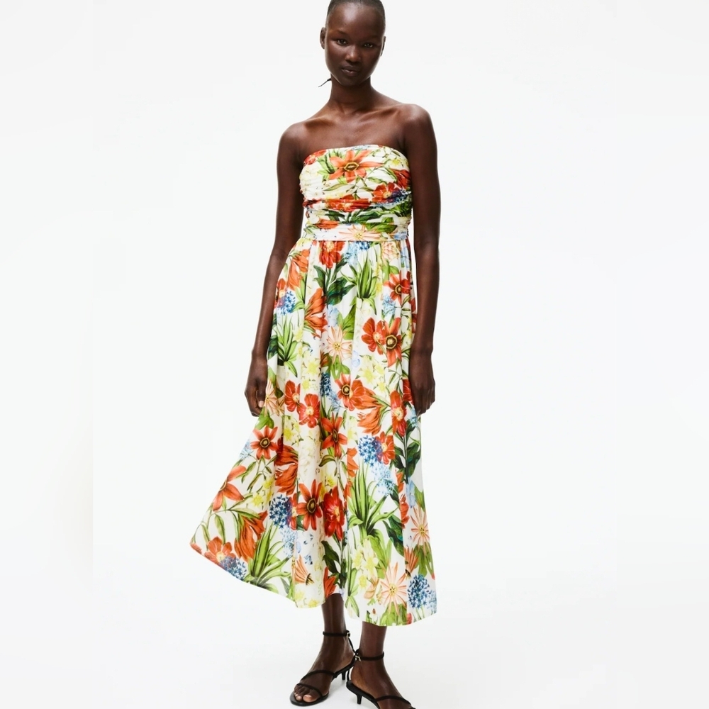NWT H&M Floral Convertible Strapless Midi Dress Sweetheart Wedding Guest Medium